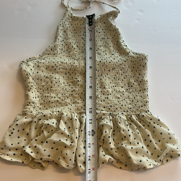 Patrons of Peace Polka Dot Halter Top Cream Navy Smocked Peplum Ruched Sx S - Picture 4 of 7